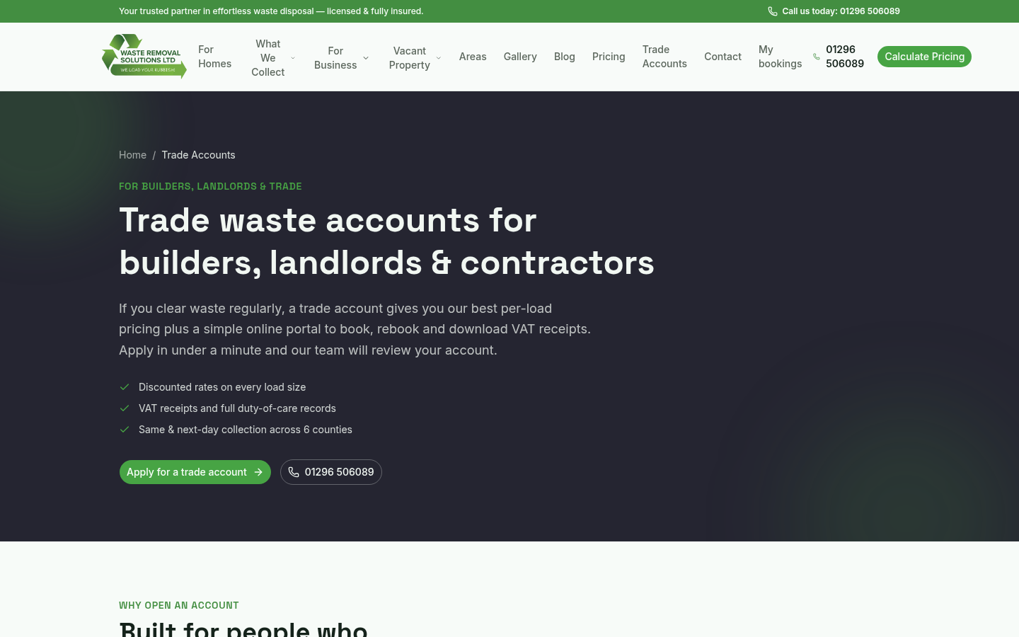 The public Trade Accounts marketing page Brightbuild built for Waste Removal Solutions, targeting builders, landlords and contractors